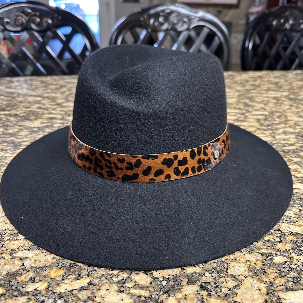rag & bone Zoe Black Fedora Wool Hat with Leopard Band - Medium